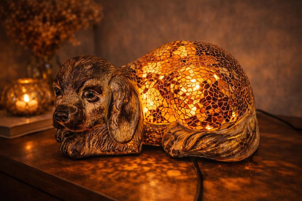 Işıklı Mozaik Köpek Biblo – Dekoratif Masa & Konsol Lambası, 25 cm