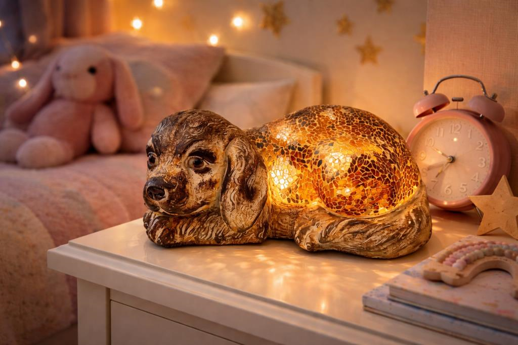 Işıklı Mozaik Köpek Biblo – Dekoratif Masa & Konsol Lambası, 25 cm
