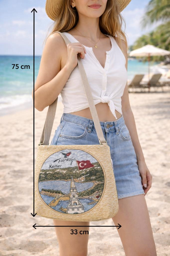 Kadın Dokuma Plaj Çantası Kemer Türkiye Desenli Omuz Çantası Geniş Hacimli Tatil Çantası 33x75 cm