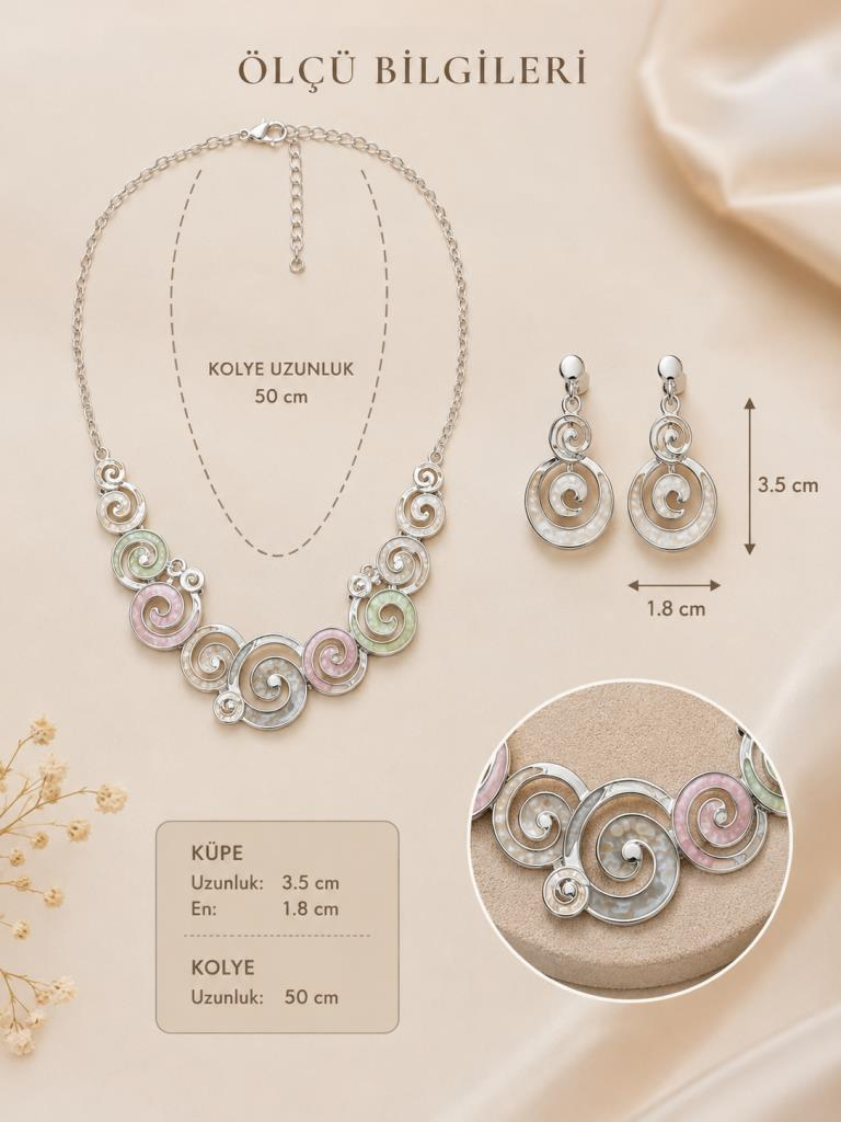 Kadın Kolye Küpe Seti Sarmal Desenli Pastel Renkli Rodyum Kaplama Şık Takı Seti 