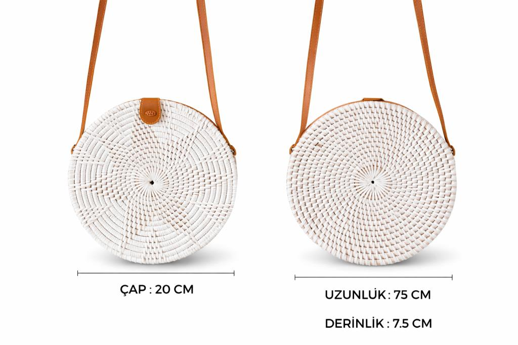 Kadın Yuvarlak Hasır Çanta 20 cm – El Yapımı Rattan Omuz Çantası – Bohem Yaz Stili Doğal Hasır Çanta