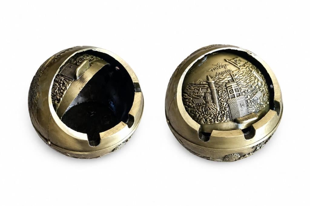 Kapaklı Metal Küllük Açılır Kapanır Dekoratif Masa Üstü Küllük Vintage Sarı 7.5 Cm 