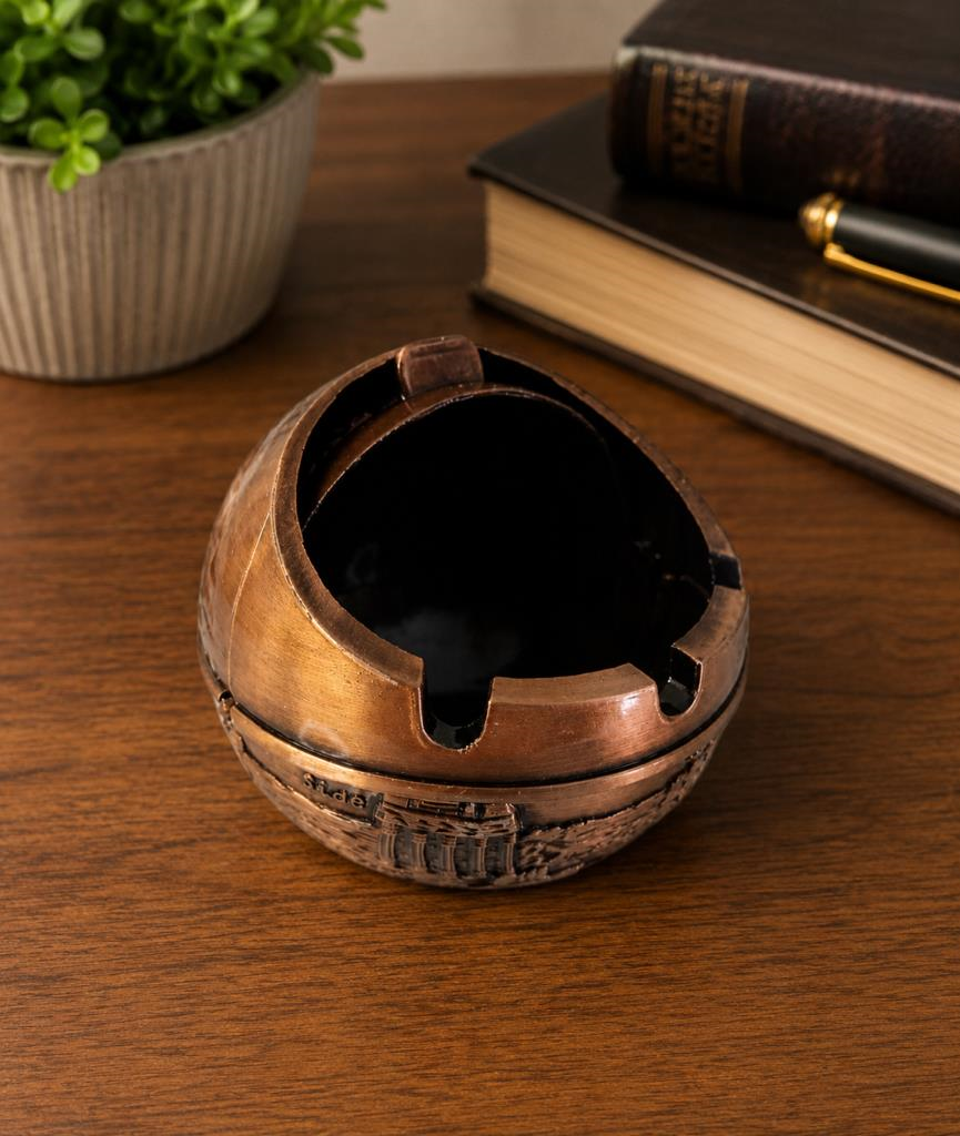 Kapaklı Metal Küllük Açılır Kapanır Dekoratif Masa Üstü Küllük Vintage Bakır 7.5 Cm 