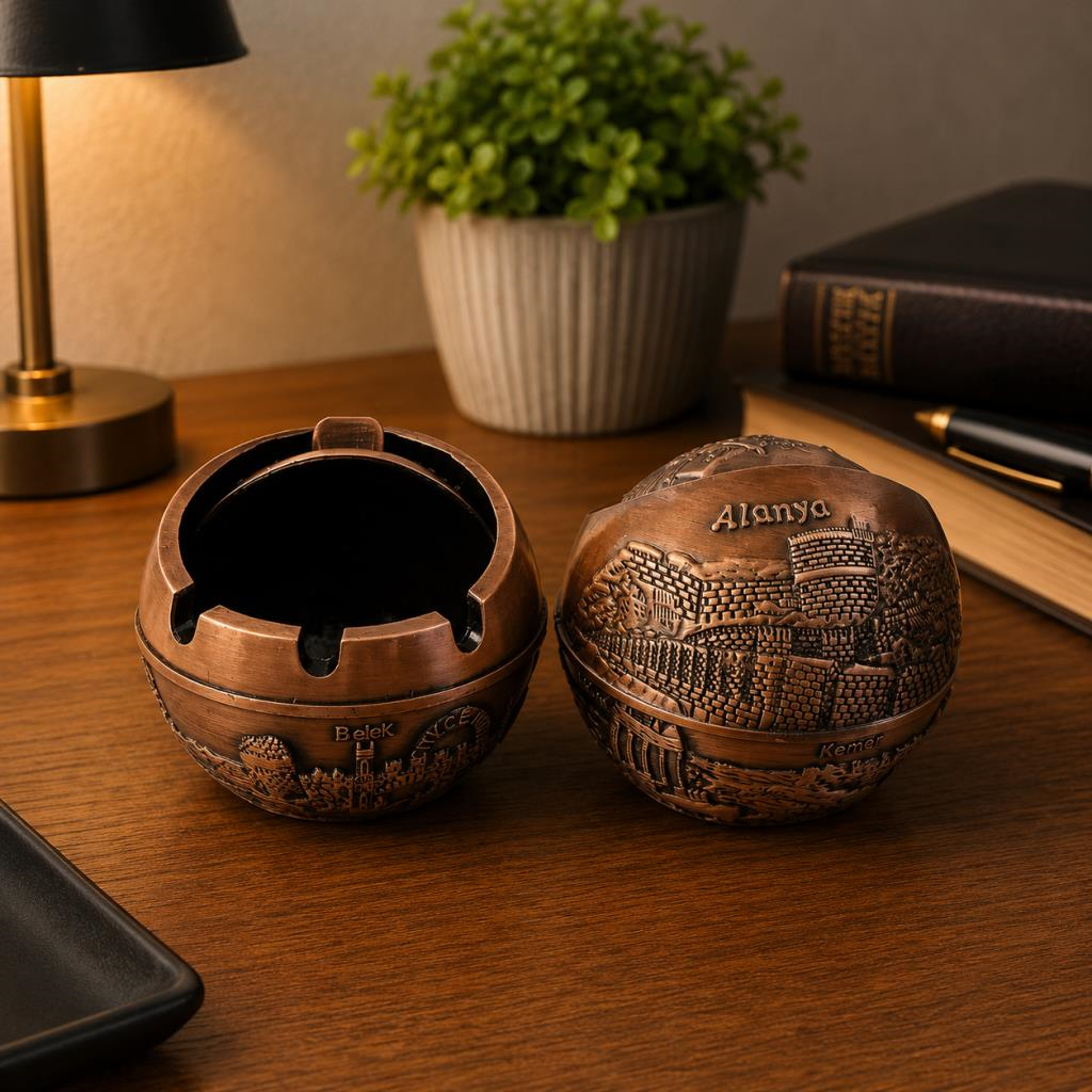Kapaklı Metal Küllük Açılır Kapanır Dekoratif Masa Üstü Küllük Vintage Bakır 7.5 Cm 