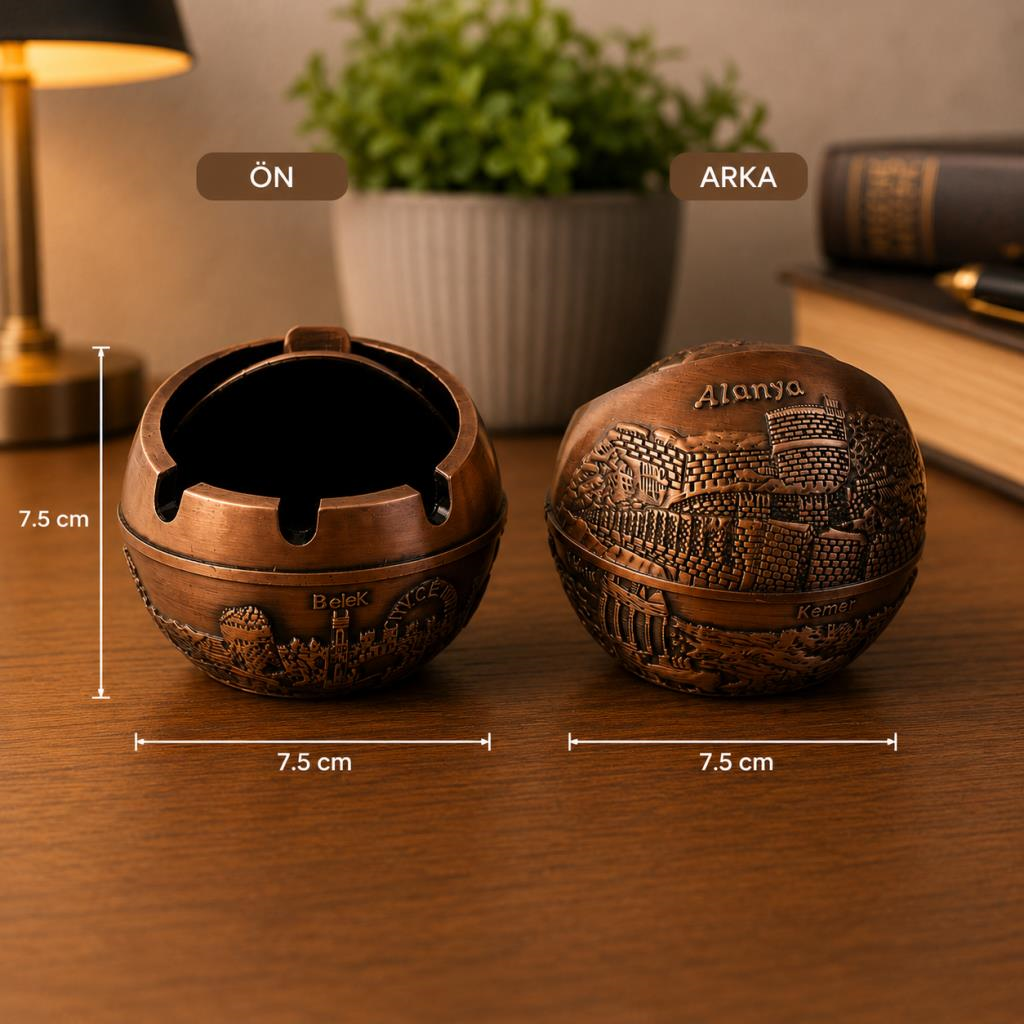 Kapaklı Metal Küllük Açılır Kapanır Dekoratif Masa Üstü Küllük Vintage Bakır 7.5 Cm 