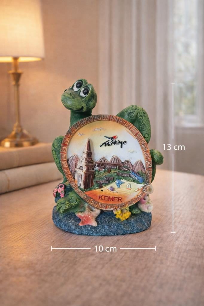 Kaplumbağa Figürlü Turistik Biblo | Kemer Temalı Masa Üstü Dekor Obje | 13 cm