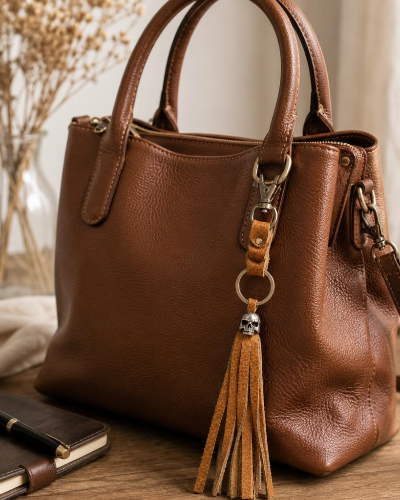 Karabinalı Anahtarlık Deri Araba Anahtarlığı Çanta Süsü Hakiki Deri Çanta Aksesuarı Unisex 26 CM  