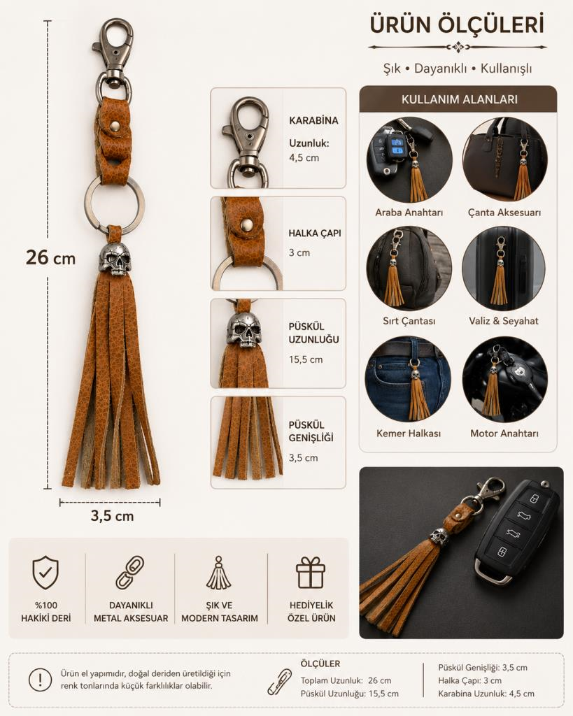 Karabinalı Anahtarlık Deri Araba Anahtarlığı Çanta Süsü Hakiki Deri Çanta Aksesuarı Unisex 26 CM  