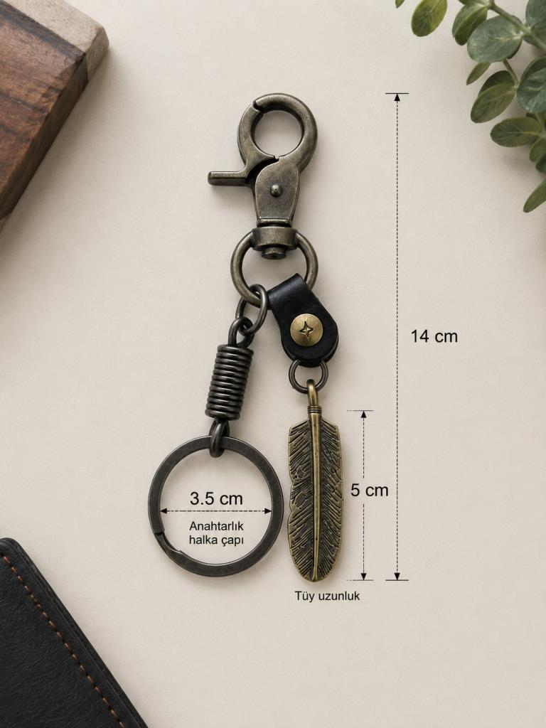 Karabinalı Metal Anahtarlık Kemer Anahtarlığı Araba Anahtarlığı Çanta Askılı Tüy Figürlü Erkek Anahtarlık 14 cm 