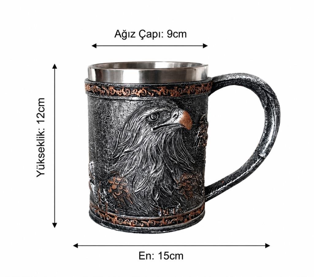 Kartal Figürlü Metal Görünümlü Kupa Bardak Paslanmaz İç Hazneli 12 cm 400ml