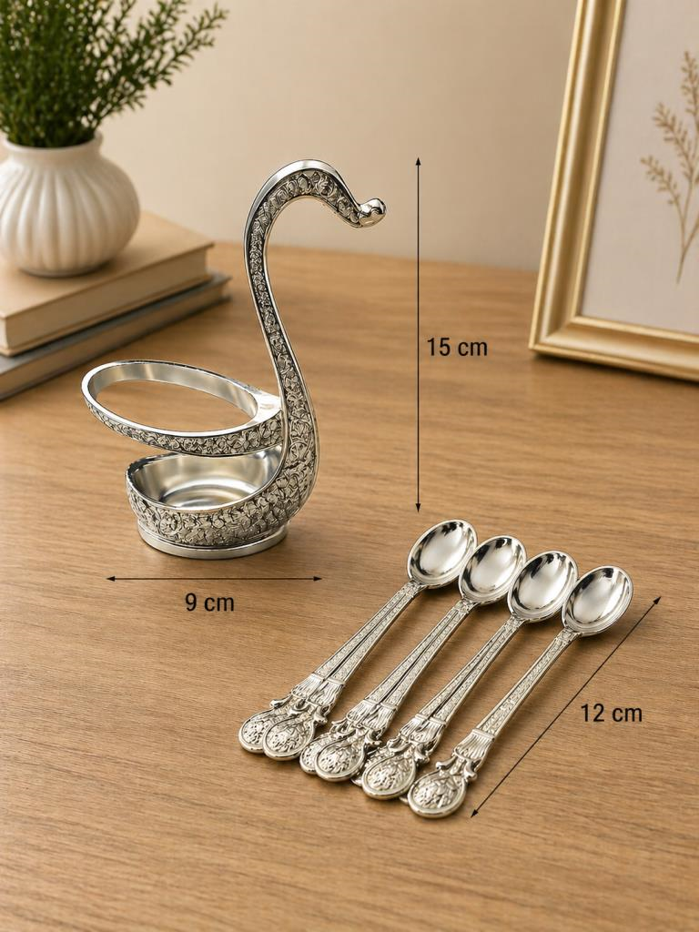 Kaşıklık Seti 6’lı Metal Kaşık Standı Dekoratif Çay Kaşığı Seti Kuğu Tasarımlı 12 cm Kaşık 15 cm Stand