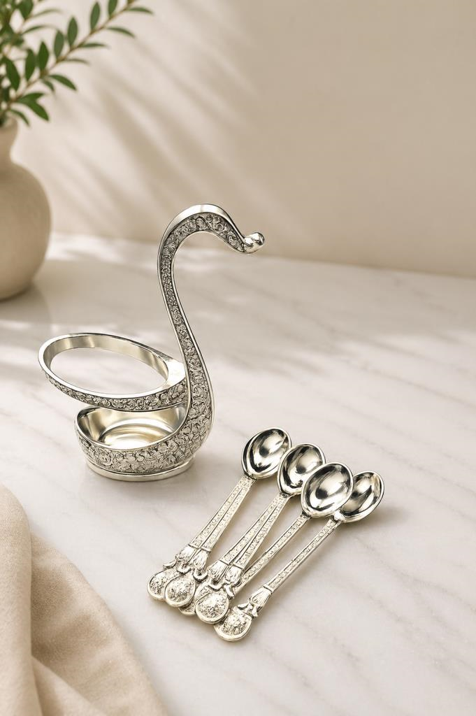 Kaşıklık Seti 6’lı Metal Kaşık Standı Dekoratif Çay Kaşığı Seti Kuğu Tasarımlı 12 cm Kaşık 15 cm Stand