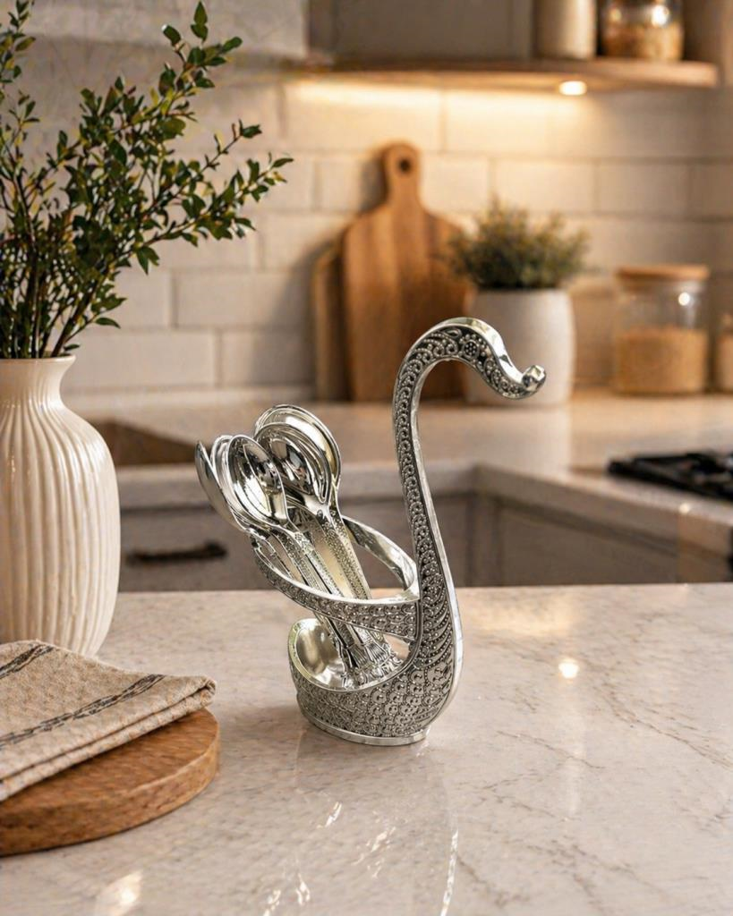 Kaşıklık Seti 6’lı Metal Kaşık Standı Dekoratif Çay Kaşığı Seti Kuğu Tasarımlı 12 cm Kaşık 15 cm Stand