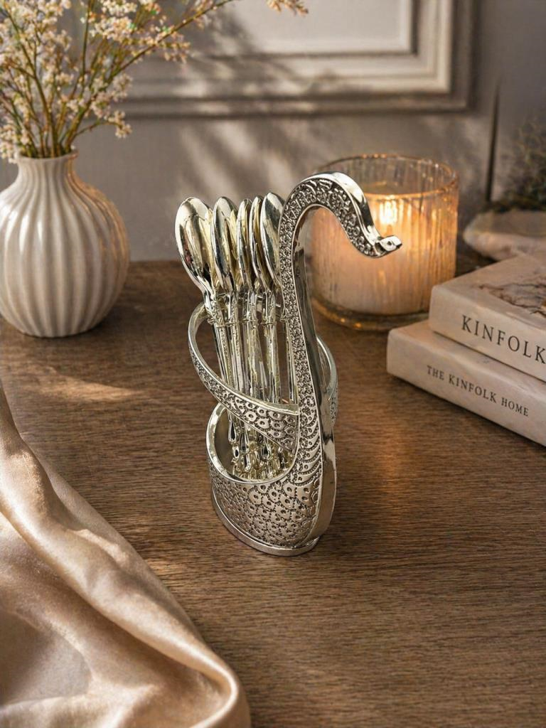 Kaşıklık Seti 6’lı Metal Kaşık Standı Dekoratif Çay Kaşığı Seti Kuğu Tasarımlı 12 cm Kaşık 15 cm Stand