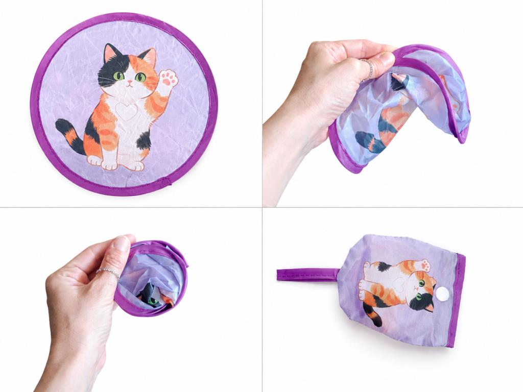Katlanabilir Mini Çantalı Kedi Desenli Cep Yelpazesi – Taşınabilir Kumaş El Yelpazesi Mor