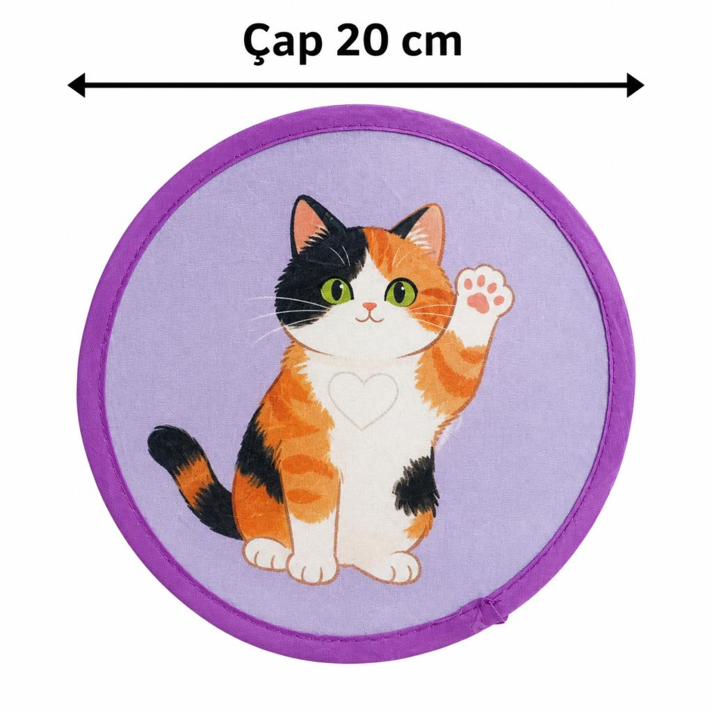 Katlanabilir Mini Çantalı Kedi Desenli Cep Yelpazesi – Taşınabilir Kumaş El Yelpazesi Mor
