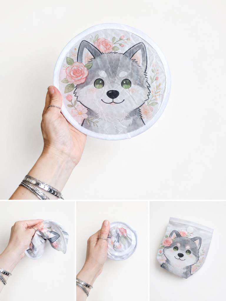 Katlanabilir Mini Kumaş Yelpaze 20 cm Kurt Desenli Çantalı El Yelpazesi Taşınabilir Yazlık Serinletici