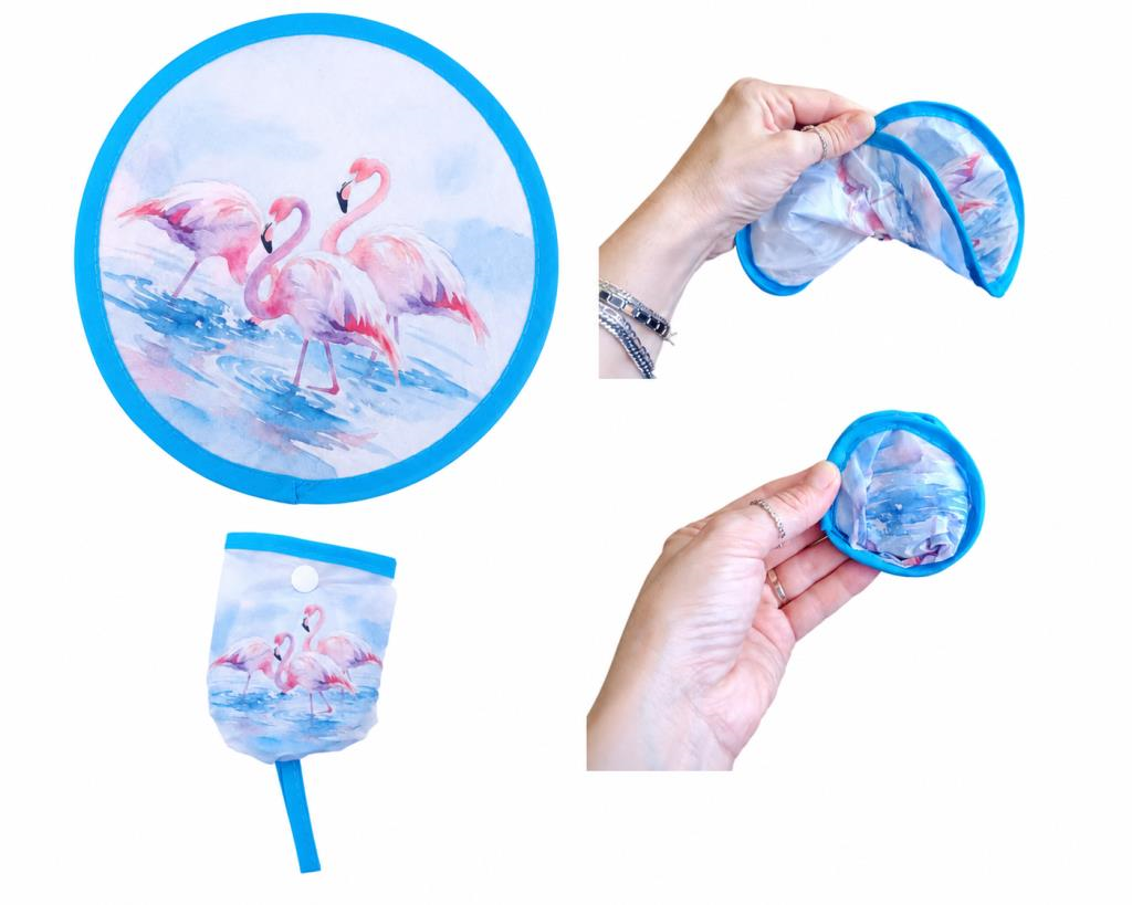 Katlanır Mini Çantalı Yelpaze Flamingo Desenli Taşınabilir El Yelpazesi Yazlık Plaj Seyahat Kamp Piknik