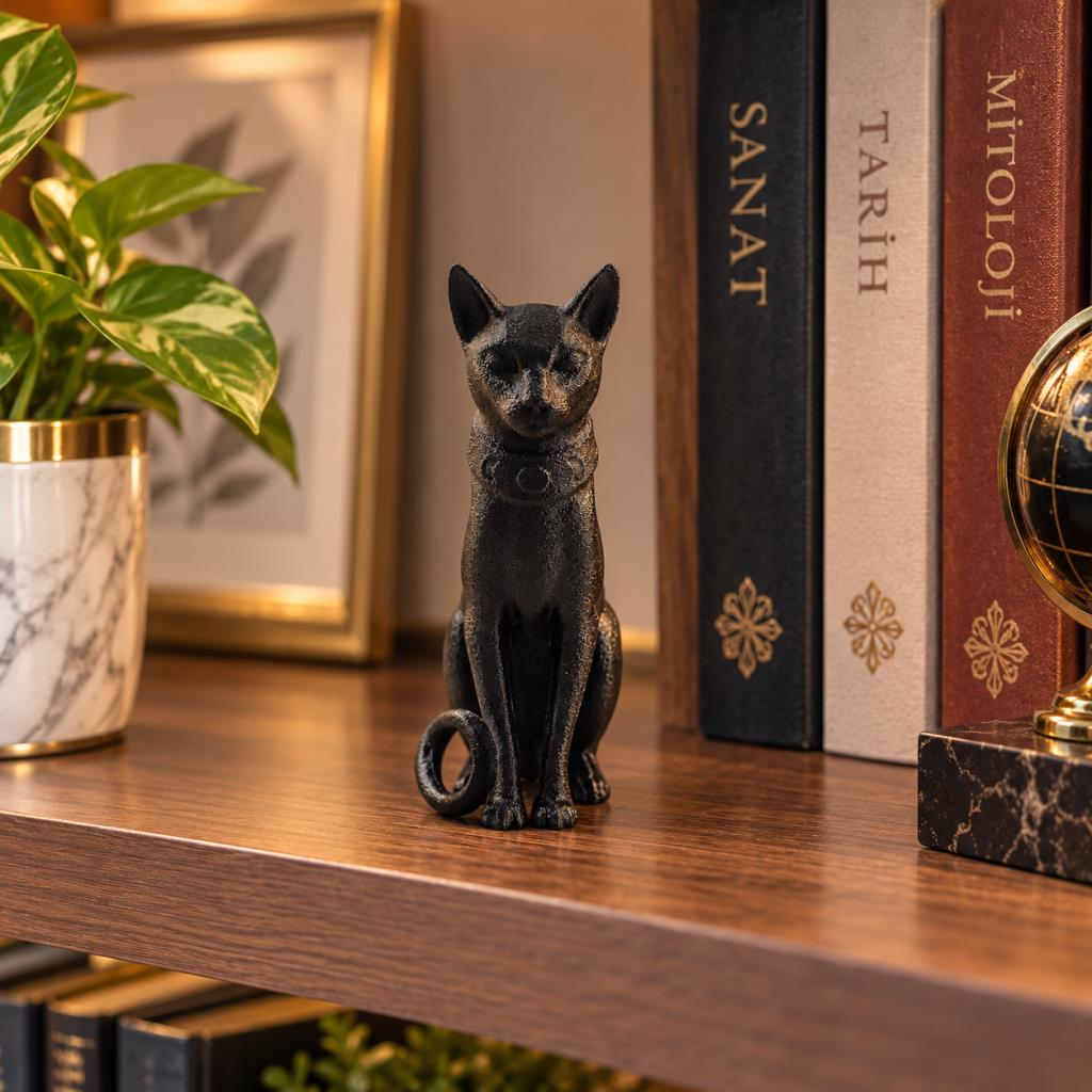 Kedi Biblo Mısır Kedisi Bastet Esintili Siyah Dekoratif Figür Ev Ofis Masa Raf Vitrin Süsü