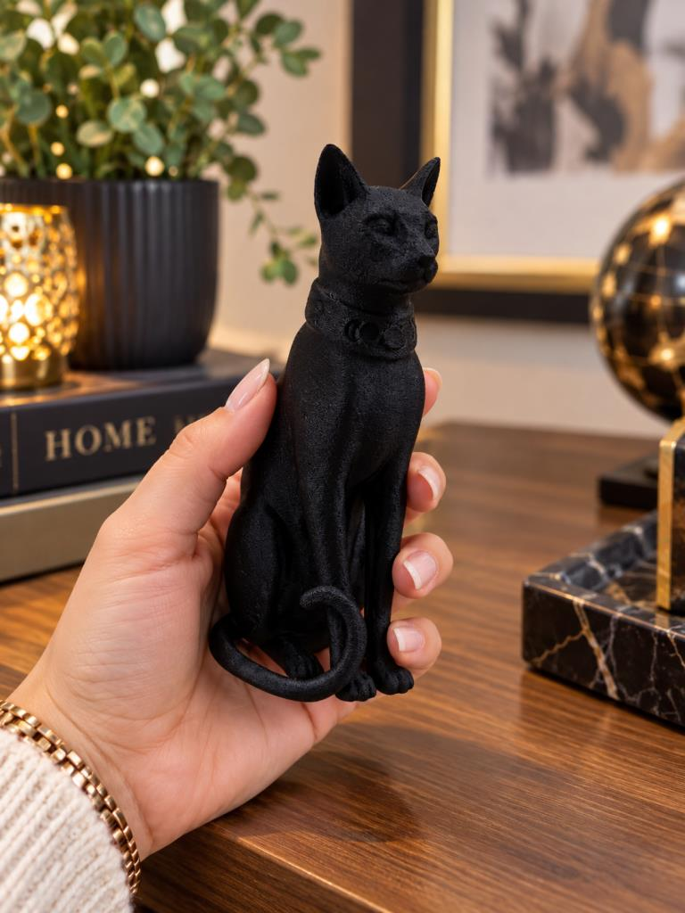 Kedi Biblo Mısır Kedisi Bastet Esintili Siyah Dekoratif Figür Ev Ofis Masa Raf Vitrin Süsü