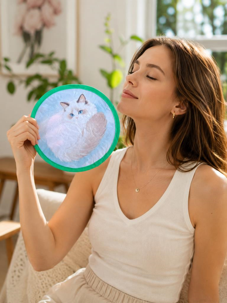 Kedi Desenli Katlanır Mini Yelpaze 20 cm | Taşınabilir Kumaş El Yelpazesi | Yazlık Serinletici Çantalı Yelpaze