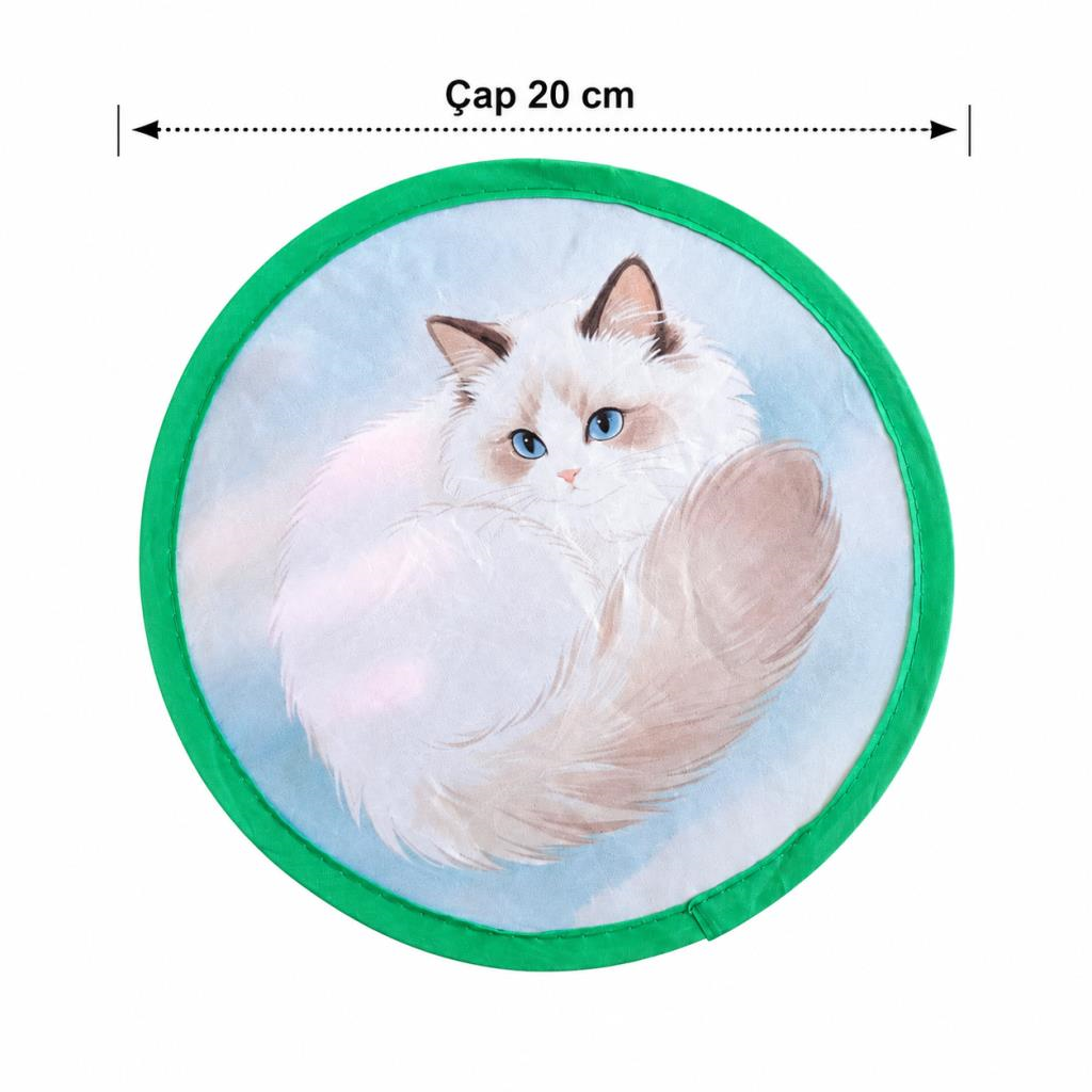 Kedi Desenli Katlanır Mini Yelpaze 20 cm | Taşınabilir Kumaş El Yelpazesi | Yazlık Serinletici Çantalı Yelpaze