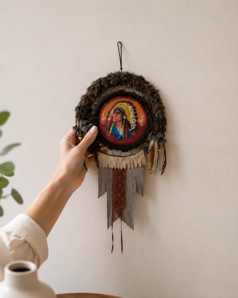 Kızılderili Deri Detaylı Tüylü Duvar Süsü  El Yapımı Bohem Otantik Salon Dekoru 48 x 28 cm  
