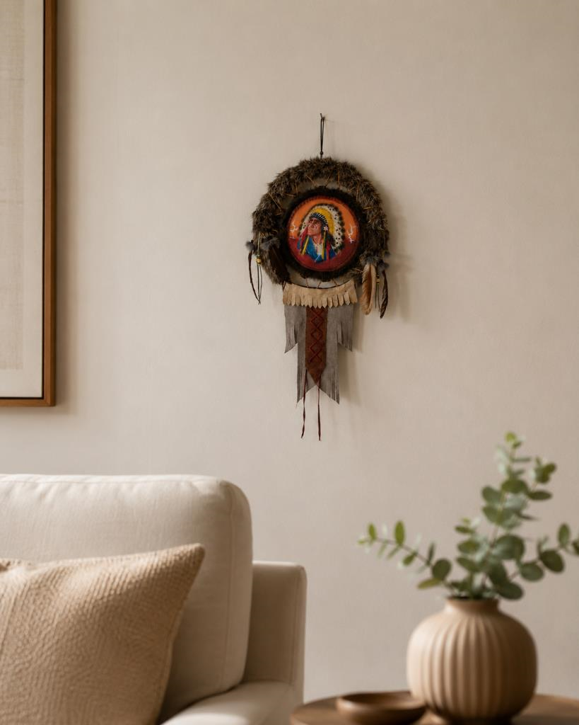 Kızılderili Deri Detaylı Tüylü Duvar Süsü  El Yapımı Bohem Otantik Salon Dekoru 48 x 28 cm  