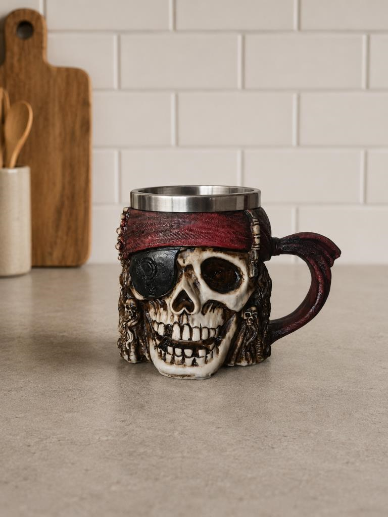 Korsan Kuru Kafa Kupa Bardak 400 ml Paslanmaz Çelik İç Hazneli Dekoratif Skull Mug Kahve Çay Kupası