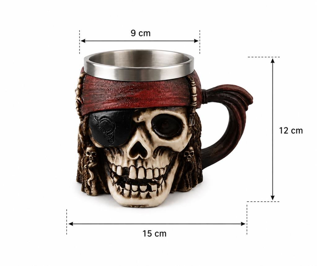 Korsan Kuru Kafa Kupa Bardak 400 ml Paslanmaz Çelik İç Hazneli Dekoratif Skull Mug Kahve Çay Kupası
