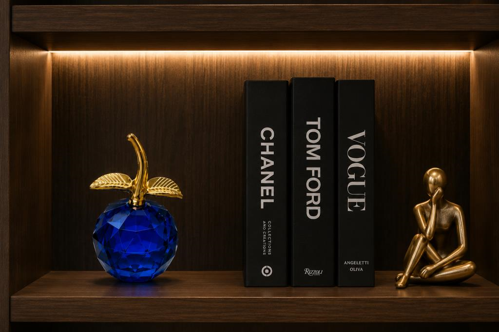 Kristal Cam Elma Biblo Orta Boy Gold Detaylı Modern Dekoratif Masa Üstü Süsü 8 x 6   