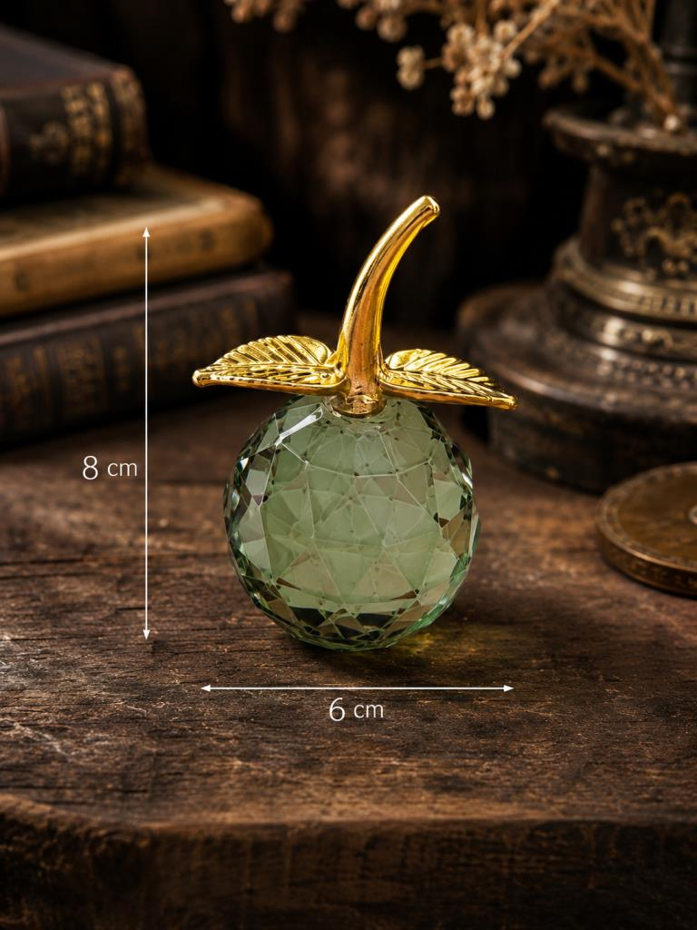 Kristal Cam Elma Biblo Orta Boy Yeşil Gold Detaylı Modern Dekoratif Masa Üstü Süsü 8 x 6   