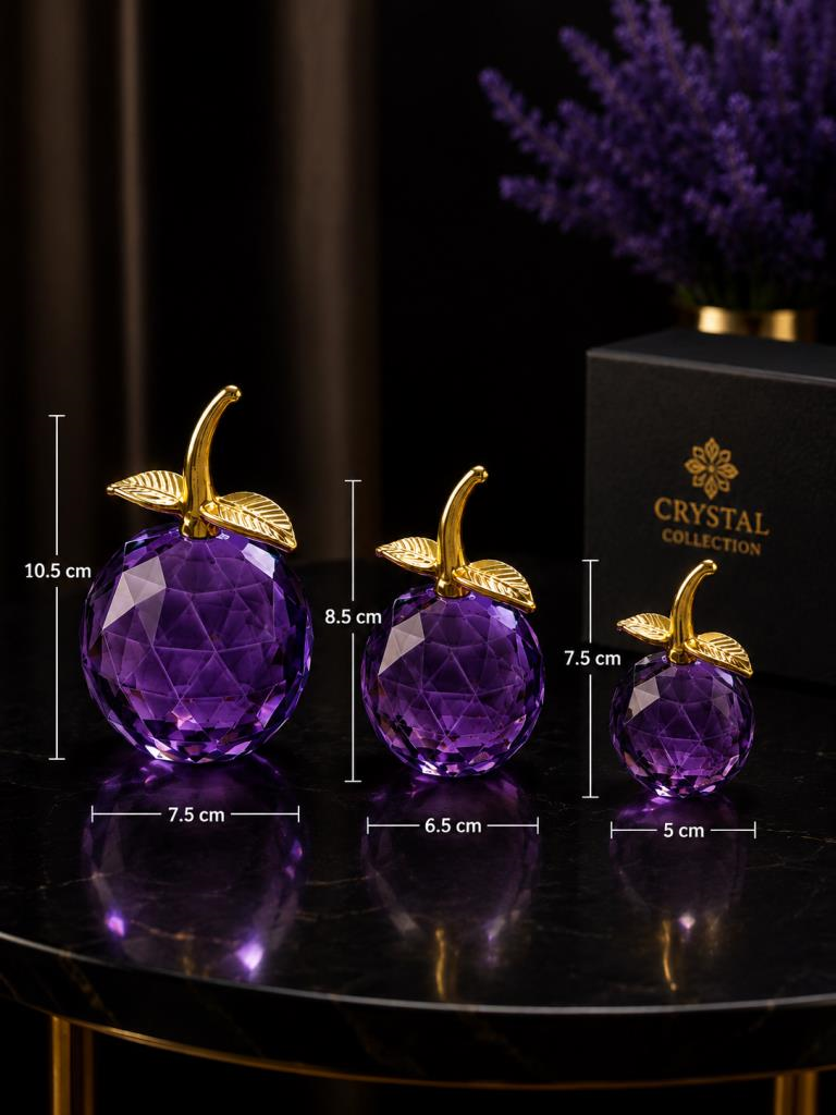 Kristal Cam Elma Biblo Seti 3’lü Mor Renk Gold Yapraklı Dekoratif Masa Üstü Obje 