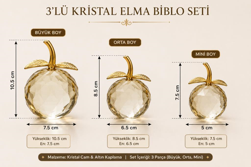 Kristal Cam Elma Biblo Seti 3’lü Sarı Renk Gold Yapraklı Dekoratif Masa Üstü Obje 