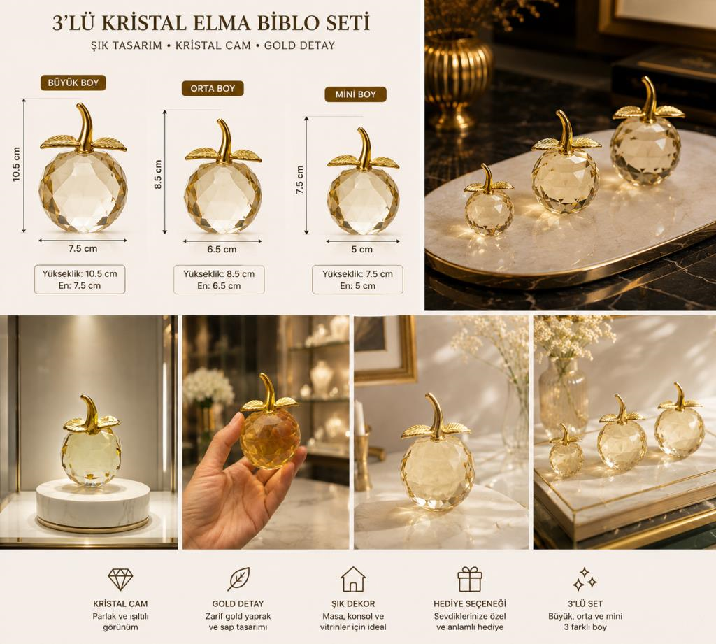 Kristal Cam Elma Biblo Seti 3’lü Sarı Renk Gold Yapraklı Dekoratif Masa Üstü Obje 
