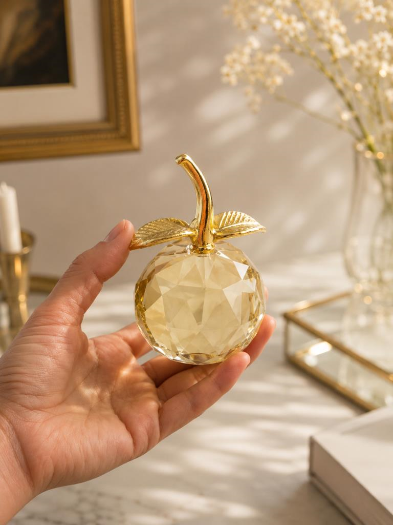 Kristal Elma Biblo Gold Yapraklı Dekoratif Cam Obje 10.5 Cm Şık Masa Üstü Salon Ofis Ev Dekoru