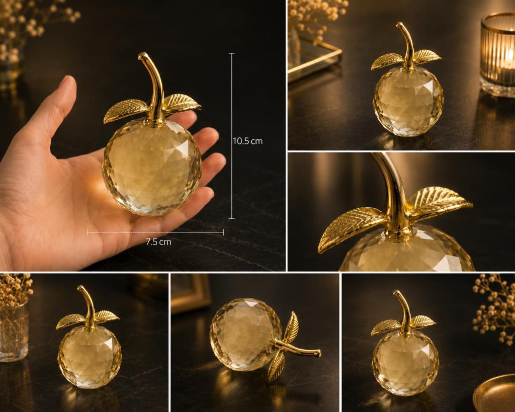 Kristal Elma Biblo Gold Yapraklı Dekoratif Cam Obje 10.5 Cm Şık Masa Üstü Salon Ofis Ev Dekoru