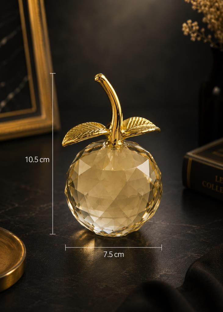 Kristal Elma Biblo Gold Yapraklı Dekoratif Cam Obje 10.5 Cm Şık Masa Üstü Salon Ofis Ev Dekoru