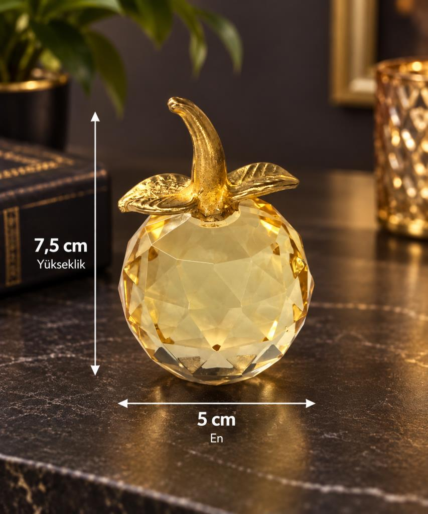 Kristal Elma Biblo Küçük Dekoratif Obje Gold Detaylı Masaüstü Vitrin Süsü 7,5 x 5 cm 