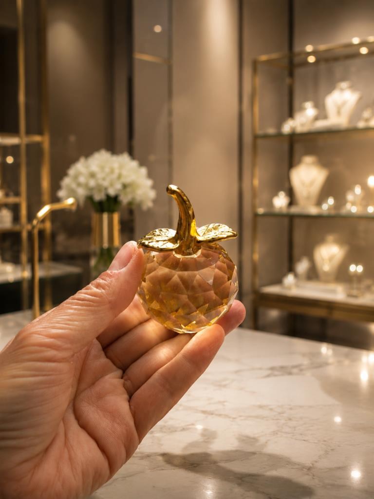 Kristal Elma Biblo Küçük Dekoratif Obje Gold Detaylı Masaüstü Vitrin Süsü 7,5 x 5 cm 