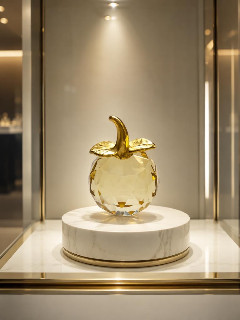Kristal Elma Biblo Küçük Dekoratif Obje Gold Detaylı Masaüstü Vitrin Süsü 7,5 x 5 cm 