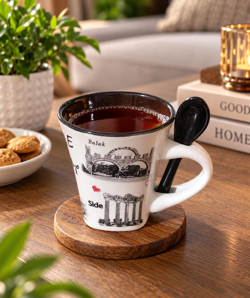 Kupa Bardak 100 ml Kaşıklı Porselen Türkiye Temalı Yöresel Kahve Çay Bardağı  