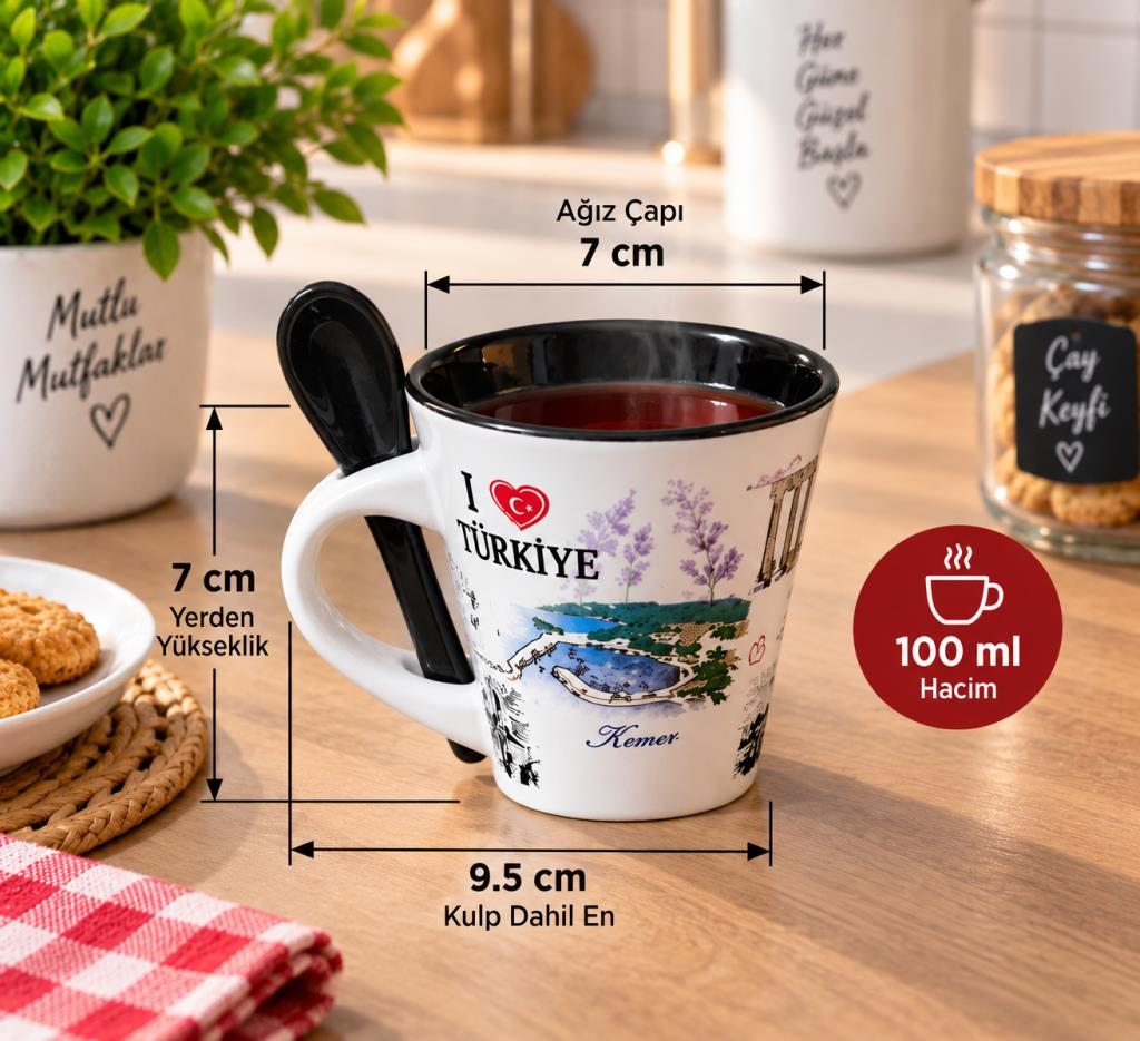 Kupa Bardak 100 ml Kaşıklı Porselen Türkiye Temalı Yöresel Kahve Çay Bardağı  