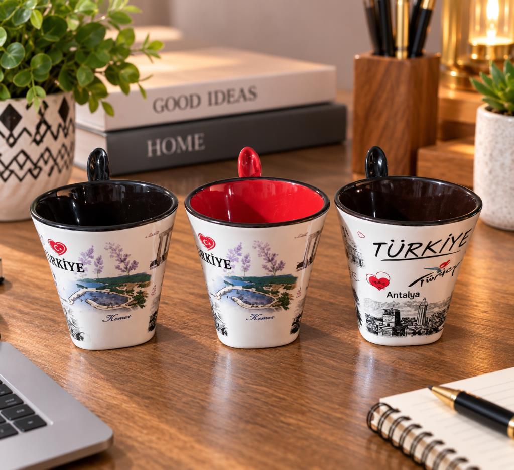 Kupa Bardak 100 ml Kaşıklı Porselen Türkiye Temalı Yöresel Kahve Çay Bardağı  
