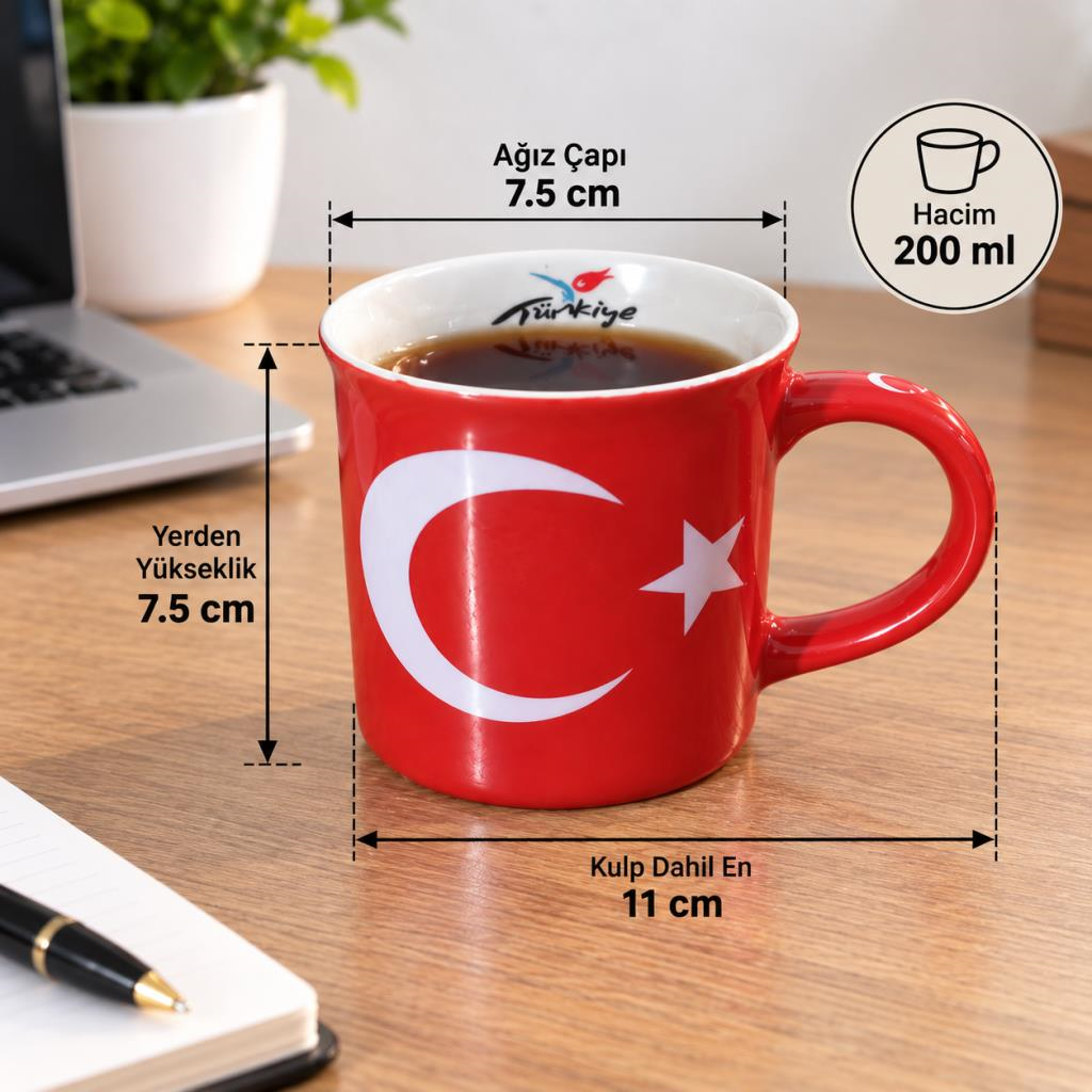 Kupa Bardak 200 ML Porselen Türk Bayraklı Kahve Çay Kupası