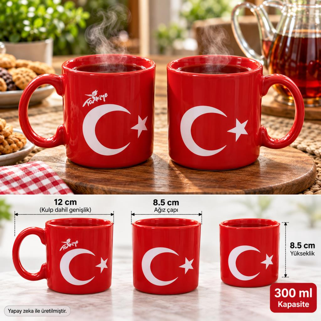 Kupa Bardak 300 ml Türk Bayrağı Temalı Kırmızı  Ay Yıldız Kahve Çay Bardağı 