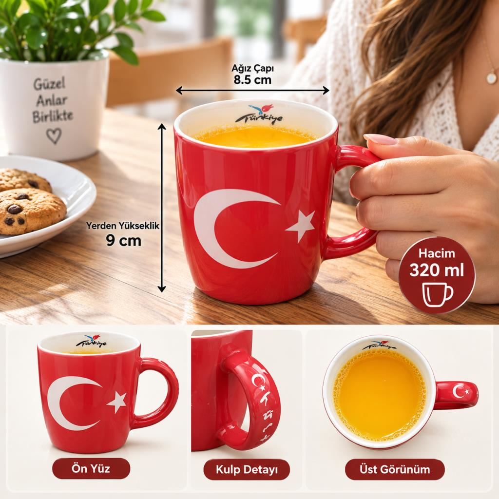 Kupa Bardak 320 ml Porselen Türk Bayrağı Temalı Kırmızı Türkiye Kahve Çay Bardağı 