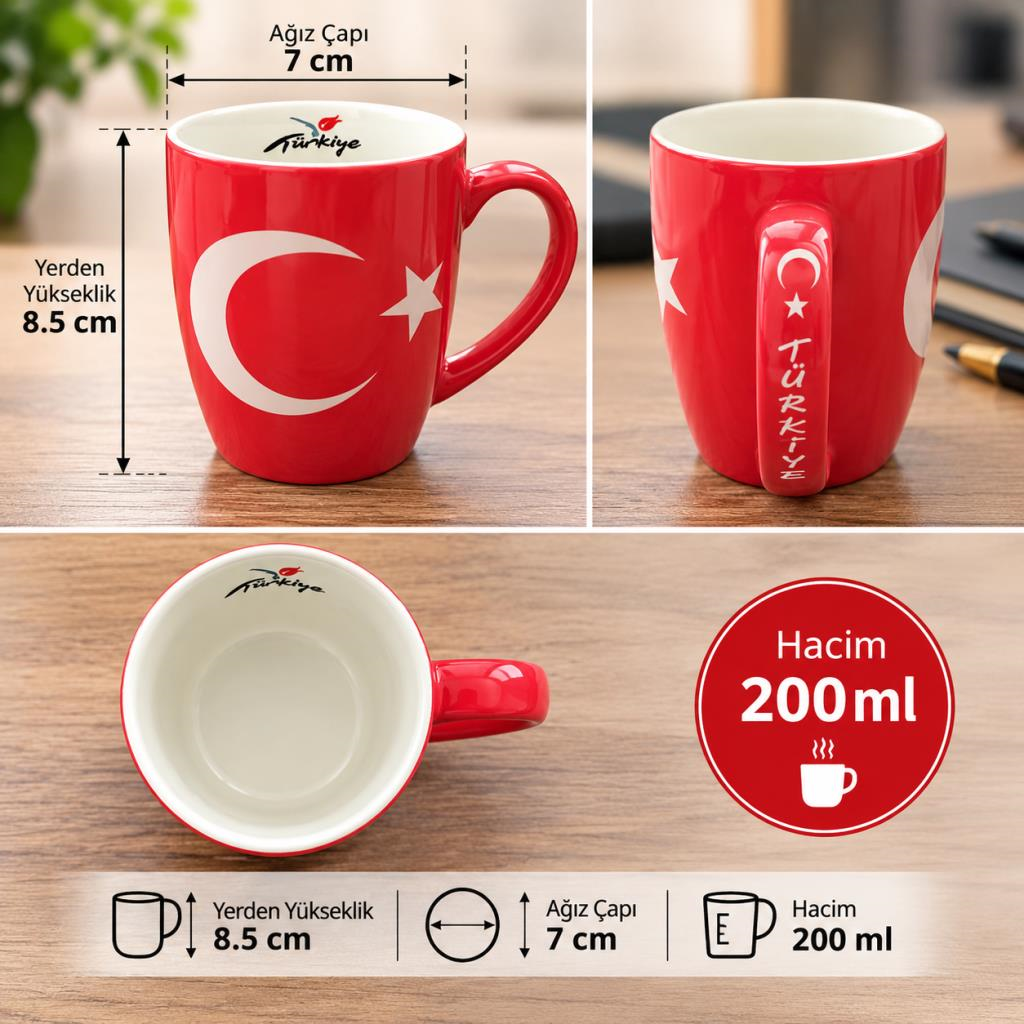 Kupa Bardak Porselen 200 ml Türk Bayrağı Desenli Çay Kahve Kupası 