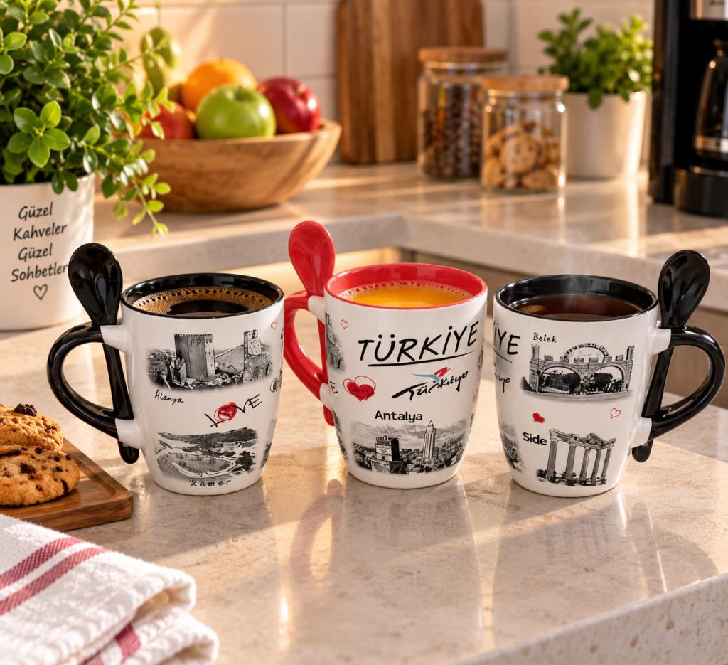 Kupa Bardak Porselen 320 ml Kaşıklı Kahve Çay Bardağı Yöresel Türkiye Temalı 