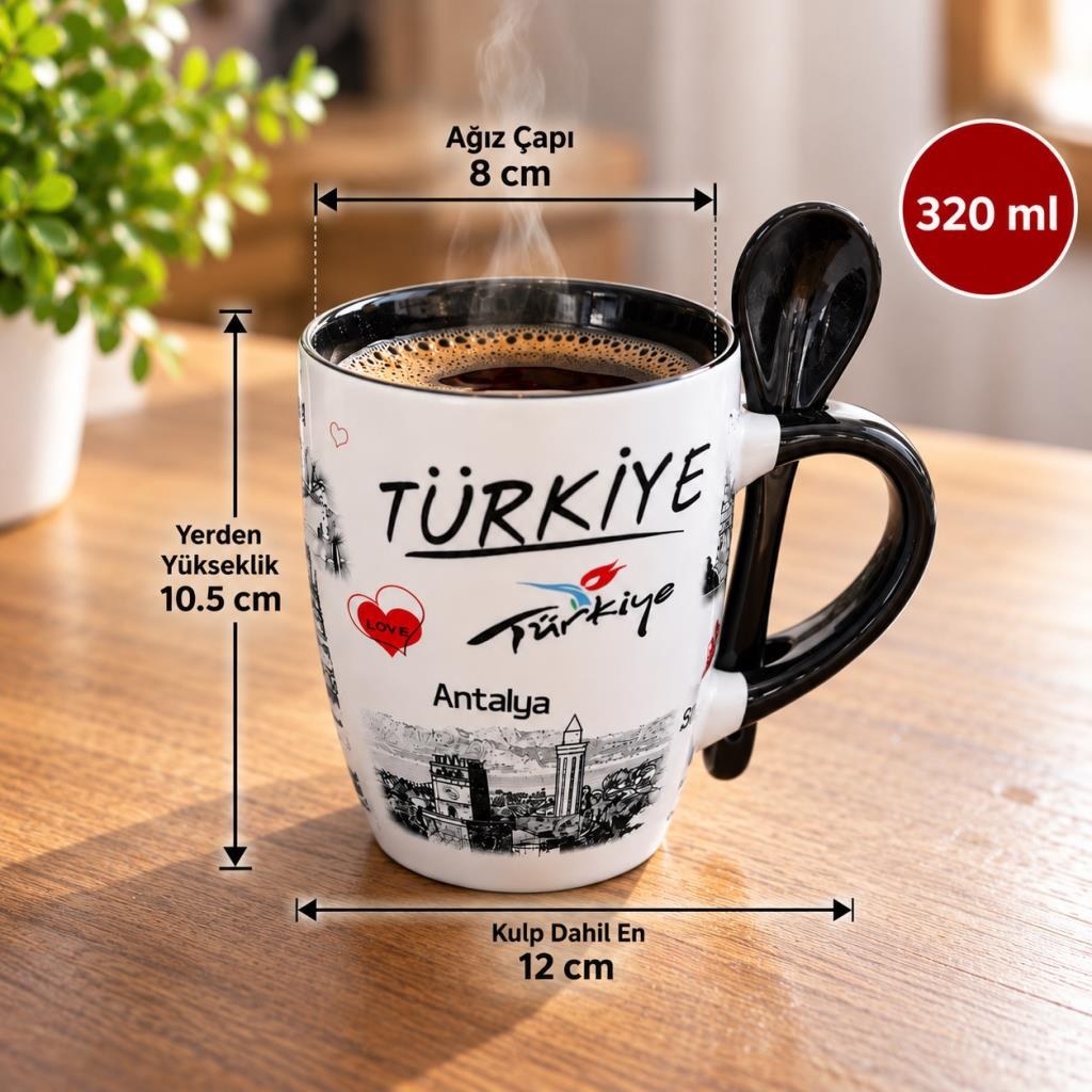 Kupa Bardak Porselen 320 ml Kaşıklı Kahve Çay Bardağı Yöresel Türkiye Temalı 